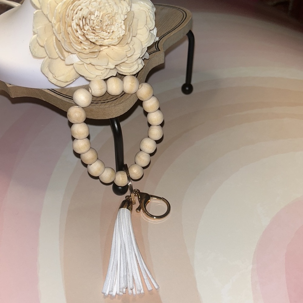 Brand New, Boutique - White Wooden Keychain with White Tassel.